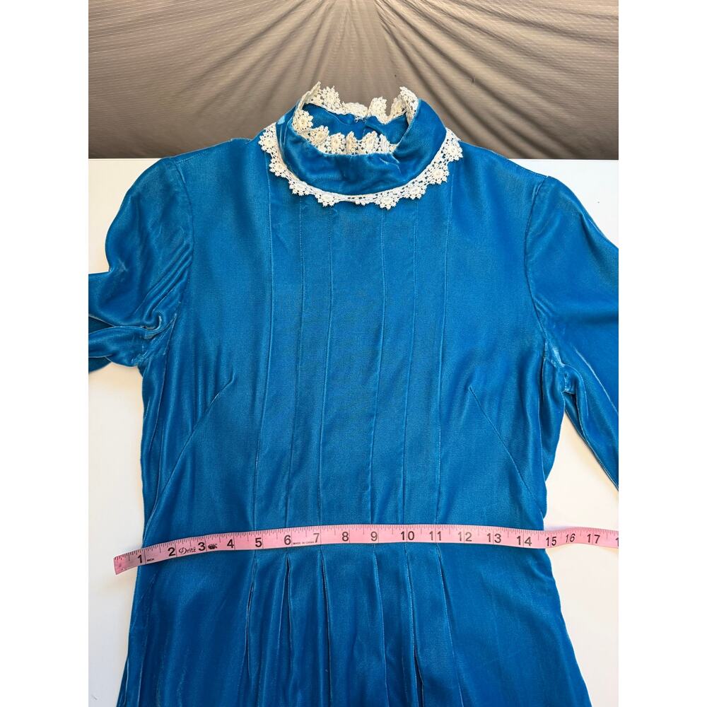 Vintage Handmade Blue Velvet Maxi Dress Lace Trim Prairie Victorian Cottagecore - Picture 15 of 16